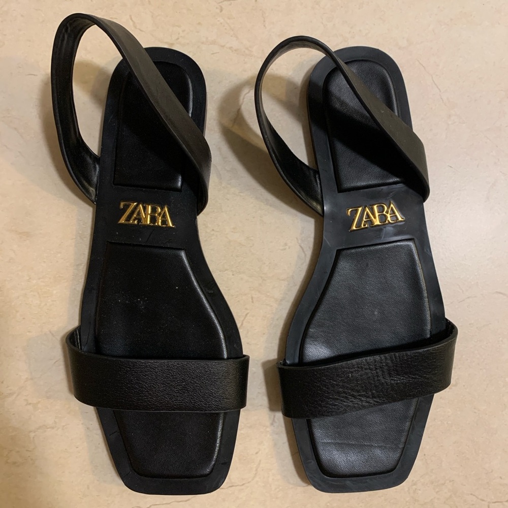 ZARA Black Square-Toe Leather Slingback Sandals